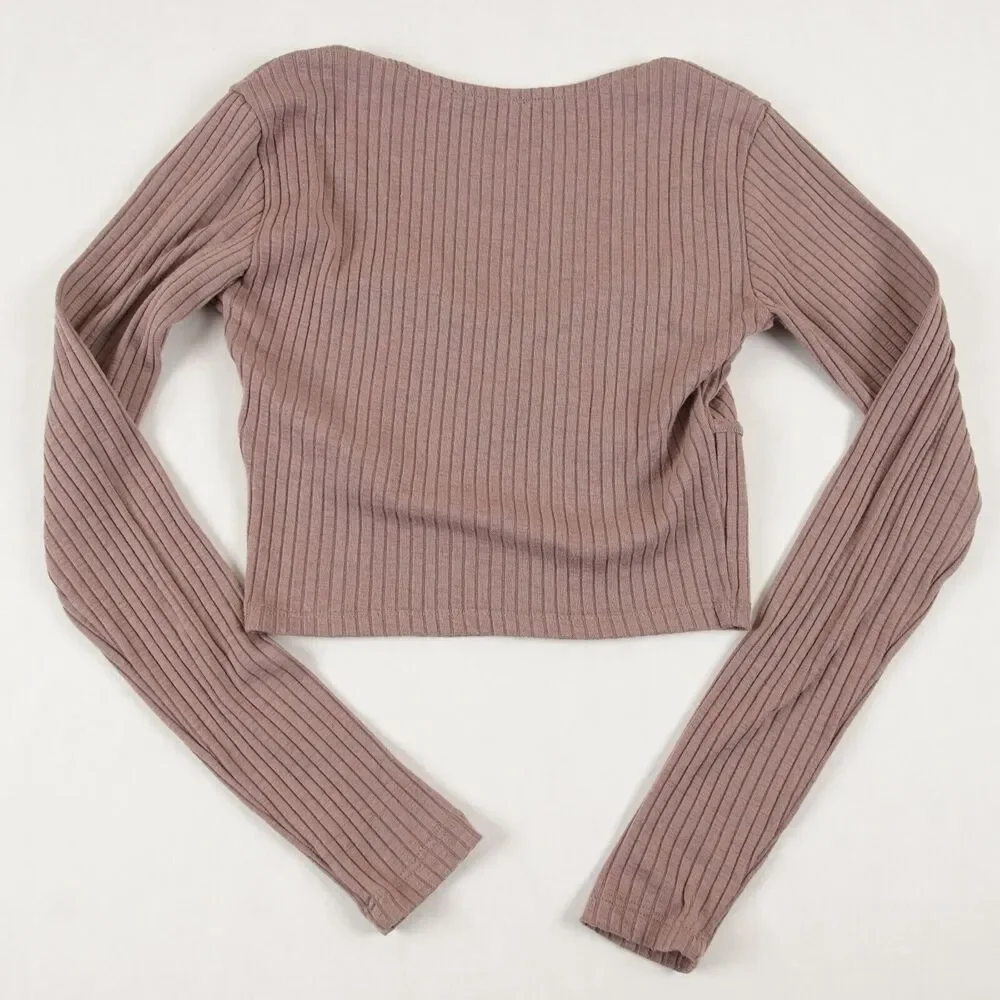 Zara Long Sleeve Brown Mauve Ribbed Long sleeve Crop Top Womens Sz S